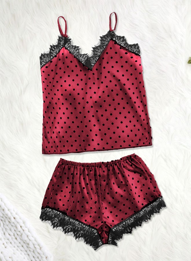 Women Small Size 2 Piece Lingerie Lace V Neck Tops and Short Set Sleepwear Lingerie Homewear Spotted Print Camisole Satin Set Red /S Under Bust:62-80cm Waist:64-80cm Hip:80-100CM