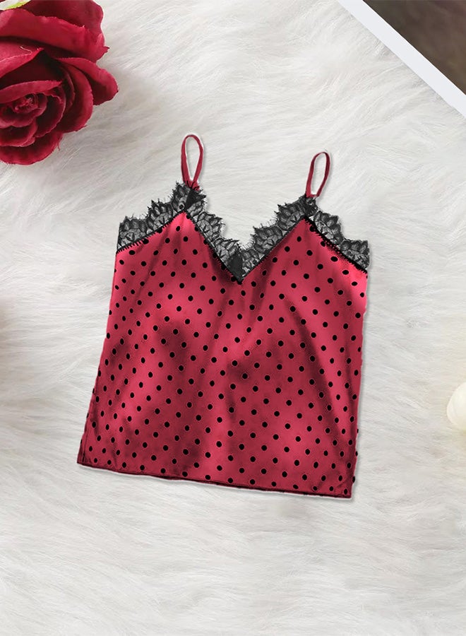 Women Small Size 2 Piece Lingerie Lace V Neck Tops and Short Set Sleepwear Lingerie Homewear Spotted Print Camisole Satin Set Red /S Under Bust:62-80cm Waist:64-80cm Hip:80-100CM