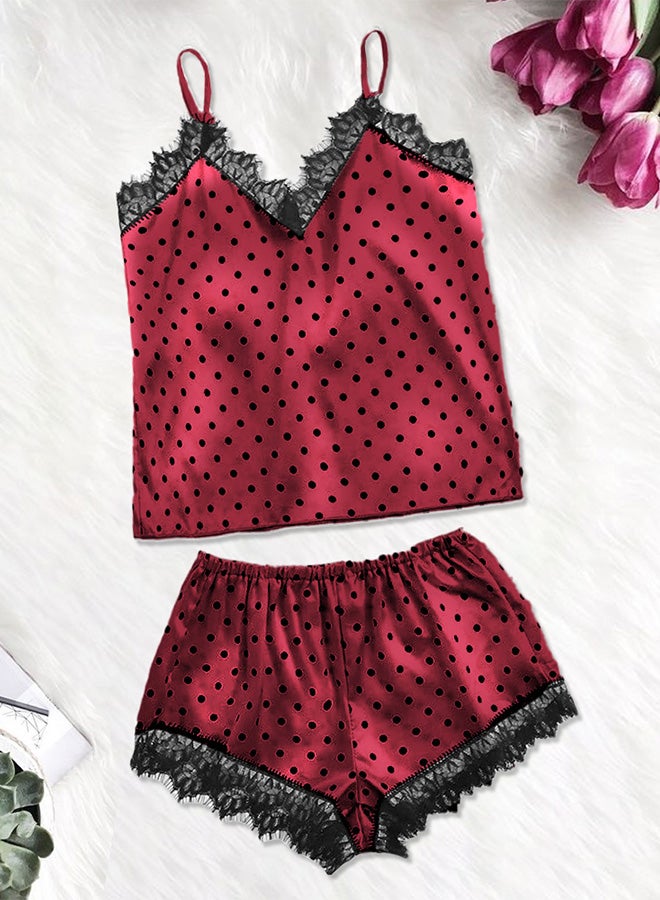 Women Small Size 2 Piece Lingerie Lace V Neck Tops and Short Set Sleepwear Lingerie Homewear Spotted Print Camisole Satin Set Red /S Under Bust:62-80cm Waist:64-80cm Hip:80-100CM