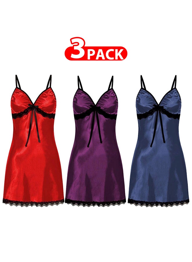 3 Pack Women Large Size Silk Nightwear Slip Dress Pajamas Robe Sleepdress Nightdress Deep V Neck Solid Color Satin Silk Lace Comfortable / Size(cm) L Bust: 72-82 Waist: 68-80