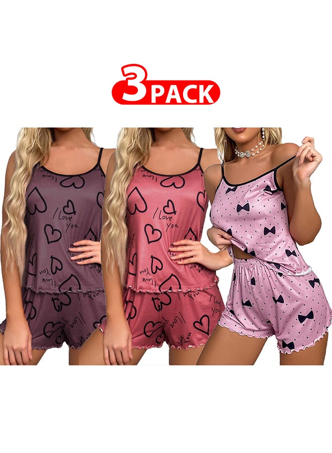 3 Pack Women's XL Size 2 Pieces Heart Graphic Print Satin Lounge Set Sleeveless Binding Trim Cami Top and Shorts Pajama Set /XL Bust:98cm Waist:80cm Pants Length:34cm