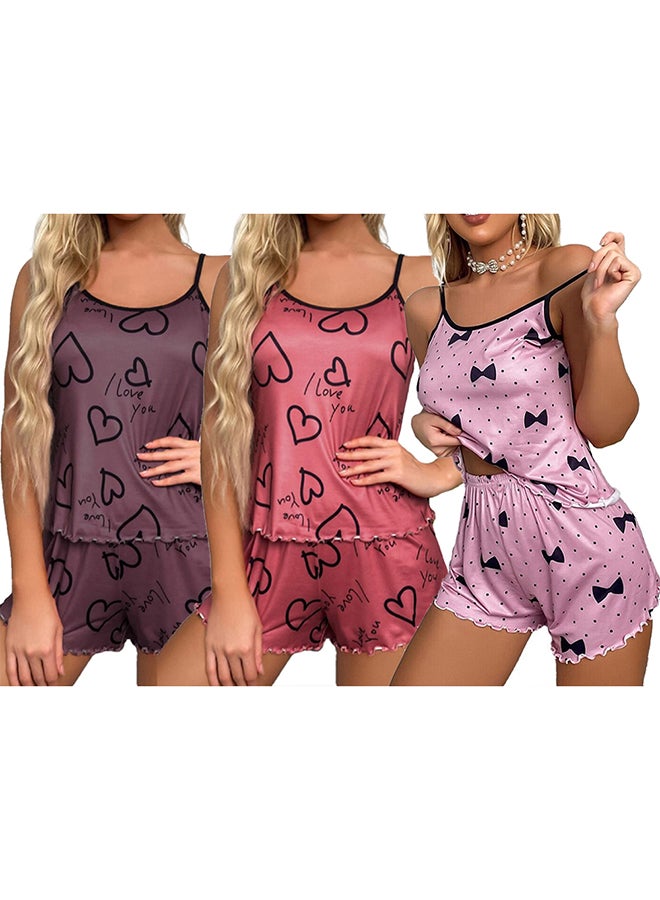 3 Pack Women's XL Size 2 Pieces Heart Graphic Print Satin Lounge Set Sleeveless Binding Trim Cami Top and Shorts Pajama Set /XL Bust:98cm Waist:80cm Pants Length:34cm