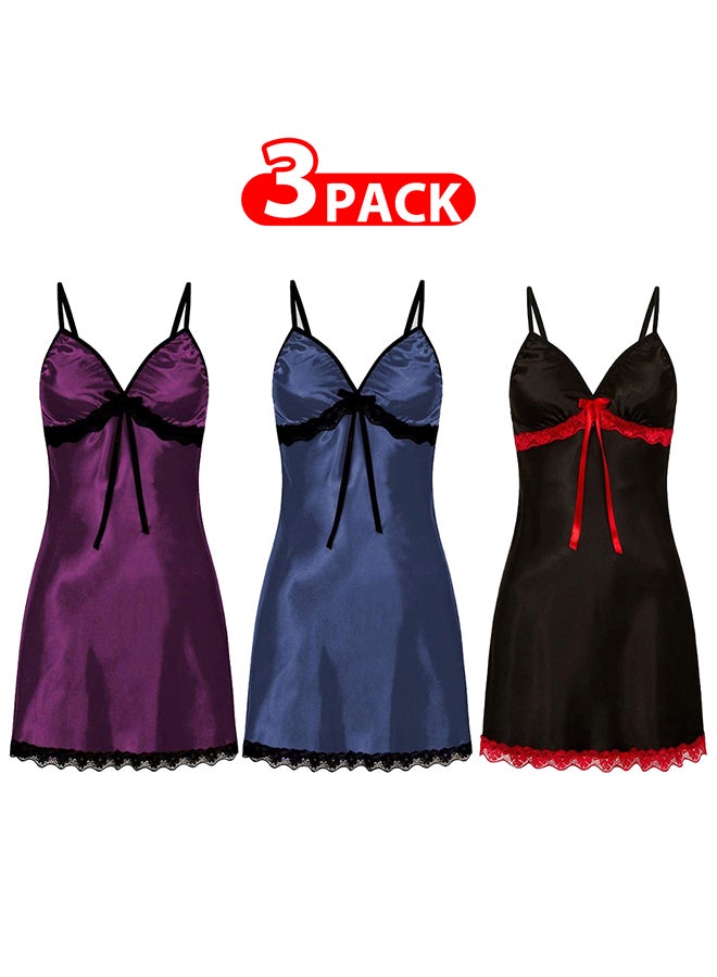 3 Pack Women Small Size Silk Nightwear Slip Dress Pajamas Robe Sleepdress Nightdress Deep V Neck Solid Color Satin Silk Lace Comfortable / Size(cm) S Bust: 68-78 Waist: 64-76