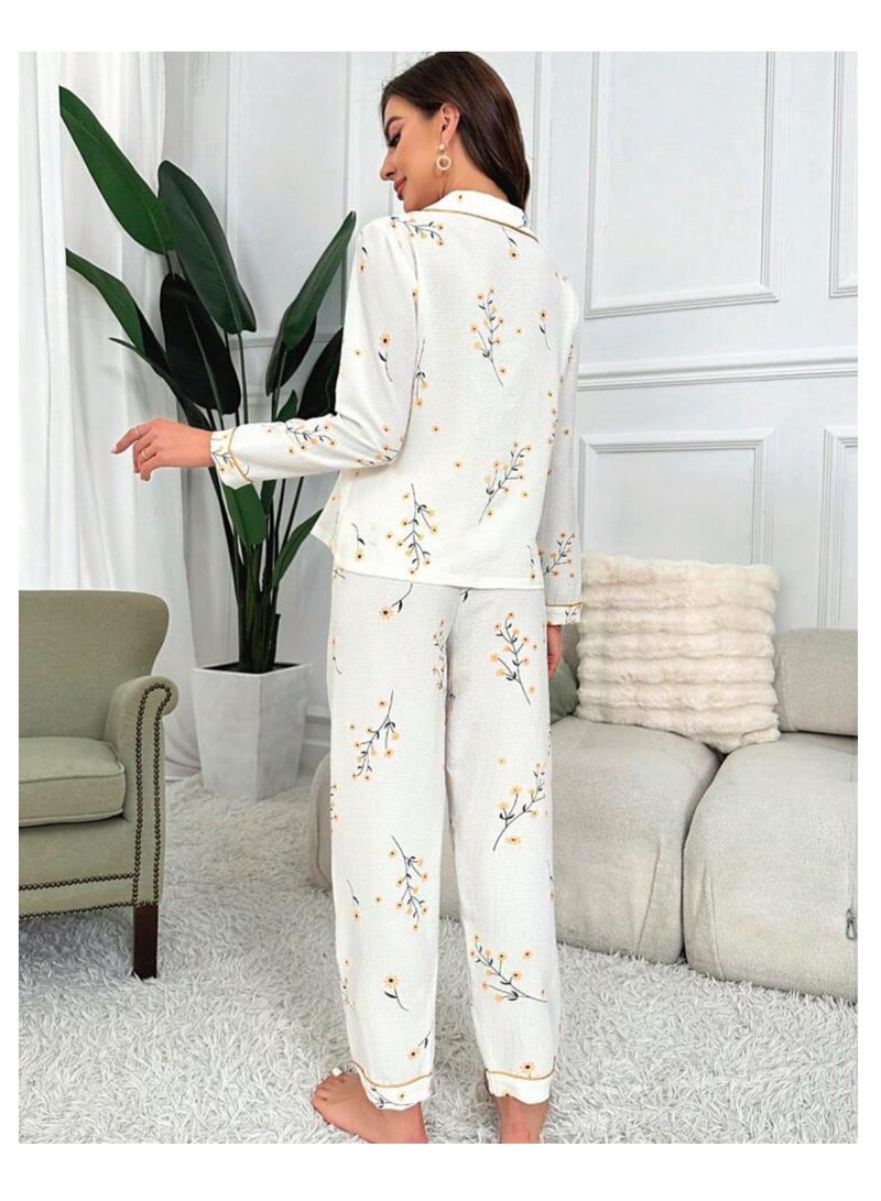 Women Pajama Set Chiffon Floral Print Long Sleeve Sleepwear And Lounge wear For Ladies