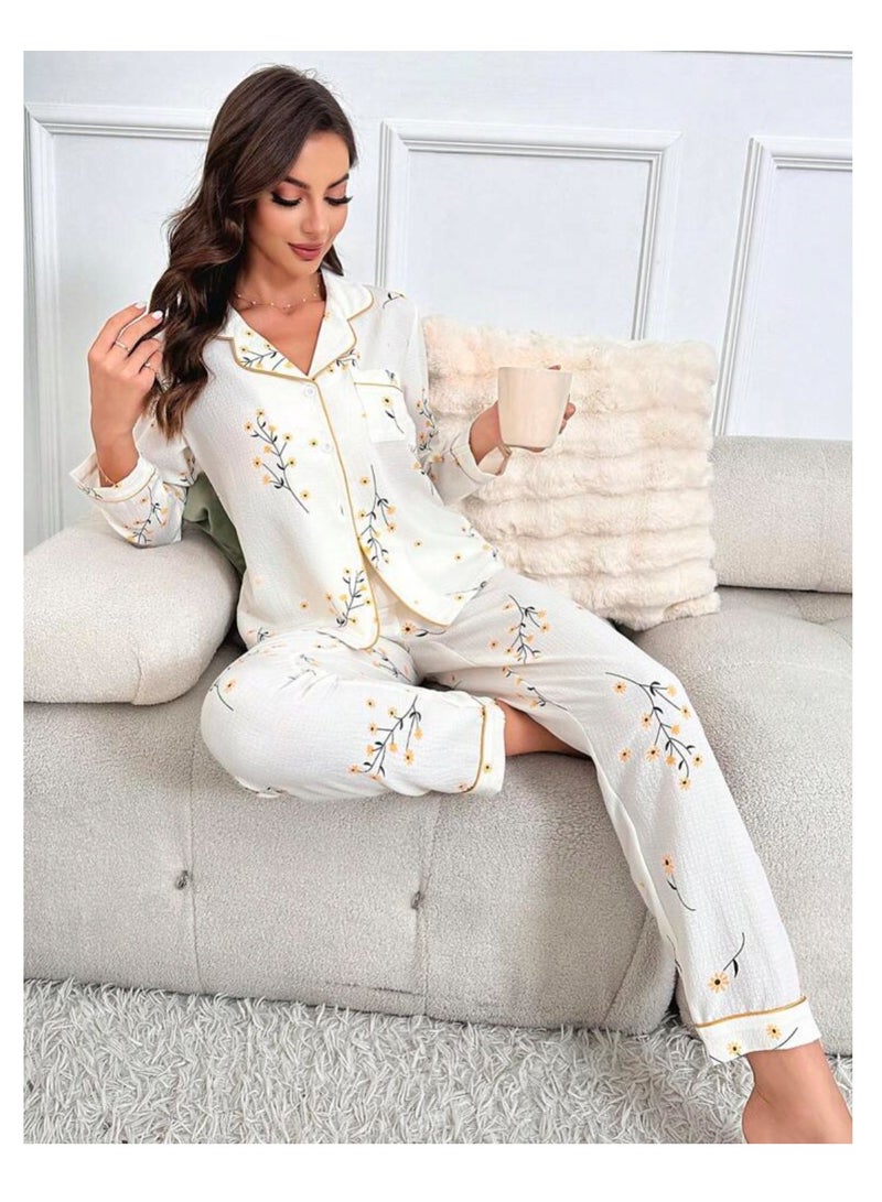 Women Pajama Set Chiffon Floral Print Long Sleeve Sleepwear And Lounge wear For Ladies