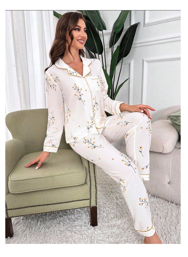 Women Pajama Set Chiffon Floral Print Long Sleeve Sleepwear And Lounge wear For Ladies