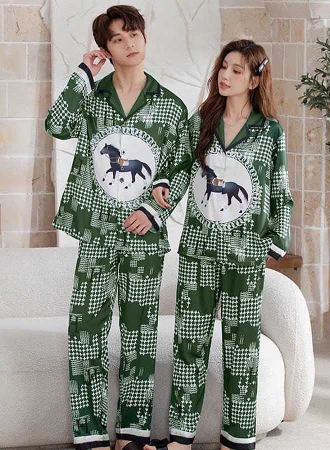 XL Size Men,Medium Size Women, Couple Pajamas Set, Horse Print Nightwear Home Clothes for Men Women Green / MG13