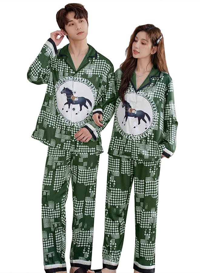 XL Size Men,Medium Size Women, Couple Pajamas Set, Horse Print Nightwear Home Clothes for Men Women Green / MG13