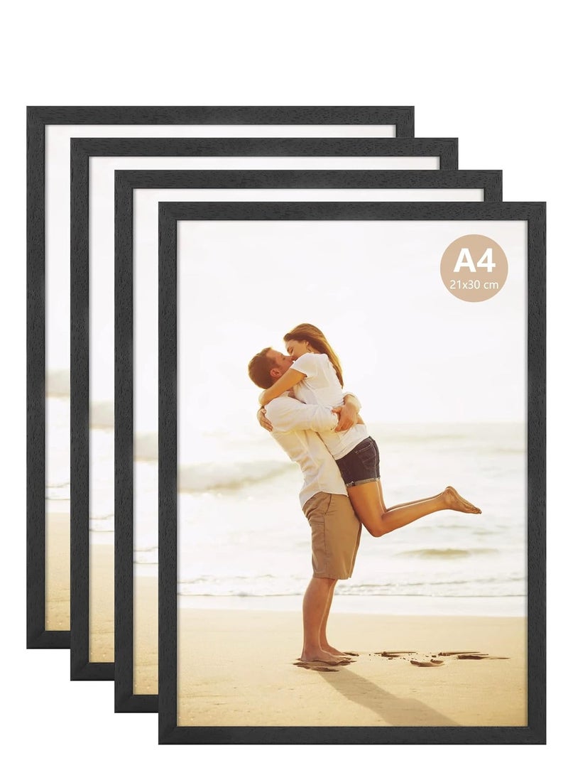 AKDC A4 Photo Frame A4 Black Wood Certificate Frames for Table Wall Display Horizontal or Vertical, Set of 4 Pieces