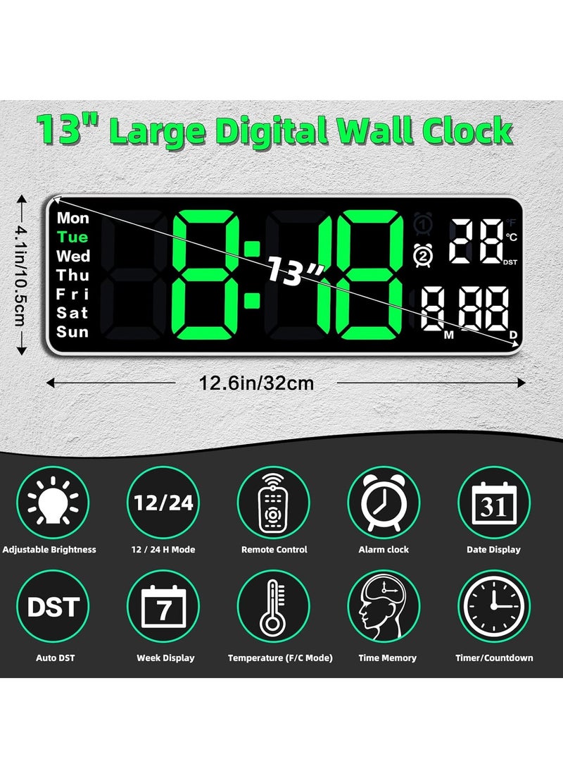 13 Inch LED Display Digital Wall Clocks with Day and Date Modern Wall Clocks for Living Room Silent Wall Clocks for Bedrooms with Remote Control