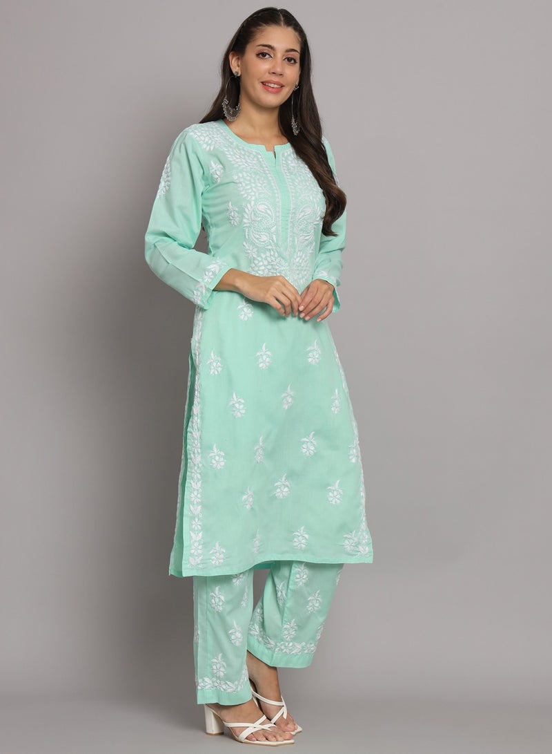 Women Hand Embroidered Chikankari Cotton Kurta Set-AL3674KS