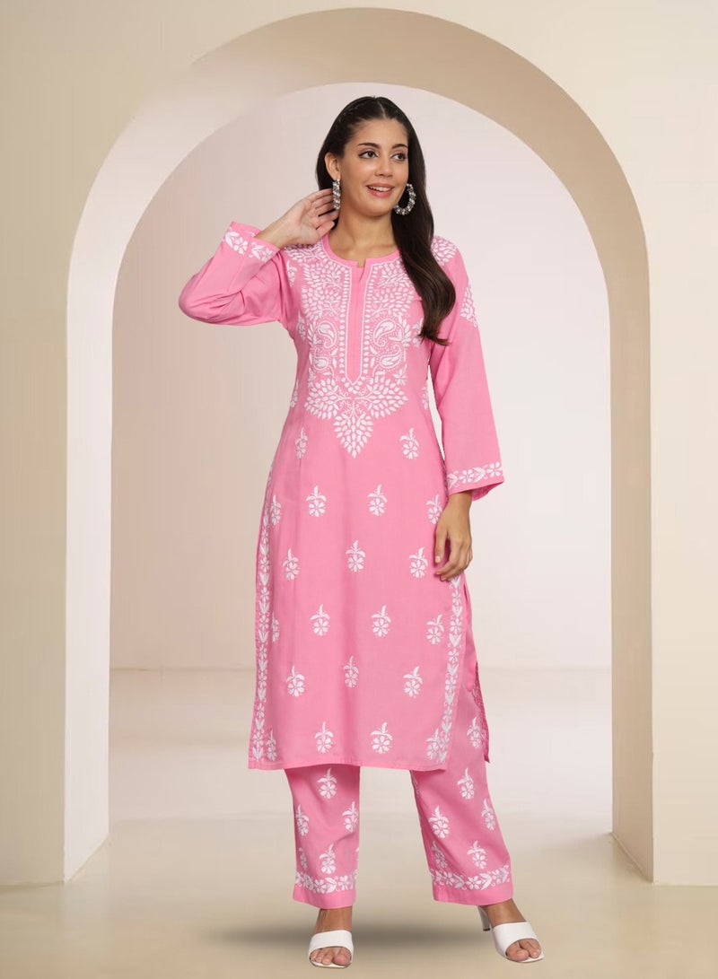 Women Hand Embroidered Chikankari Cotton Kurta Set-AL3674KS