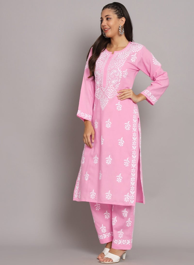 Women Hand Embroidered Chikankari Cotton Kurta Set-AL3674KS