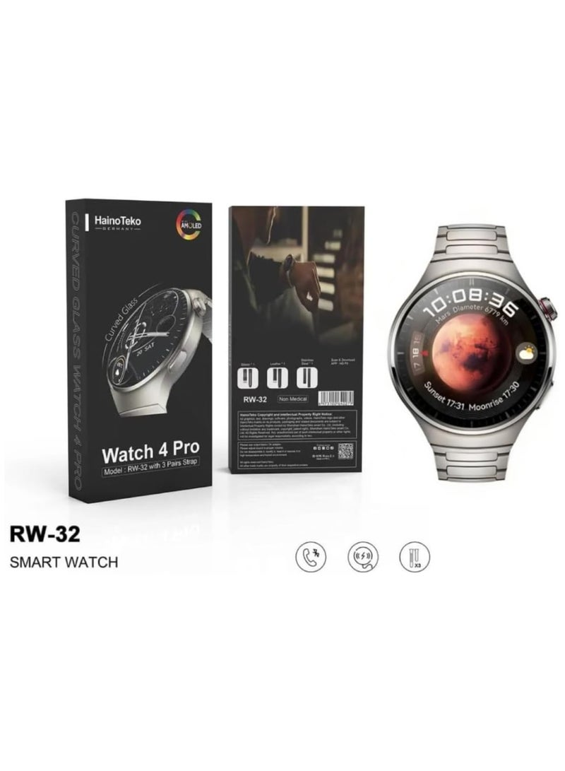 RW 32 Smart Watch With 3 Pairs Straps HD IPS AMOLED Display Waterproof Smartwatch 4 Pro Curved Glass App Control Heart Rate GPS And Fitness Smartwatch