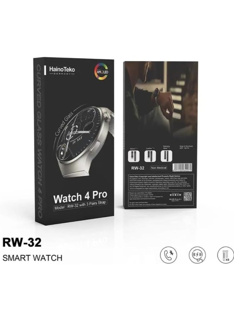 RW 32 Smart Watch With 3 Pairs Straps HD IPS AMOLED Display Waterproof Smartwatch 4 Pro Curved Glass App Control Heart Rate GPS And Fitness Smartwatch