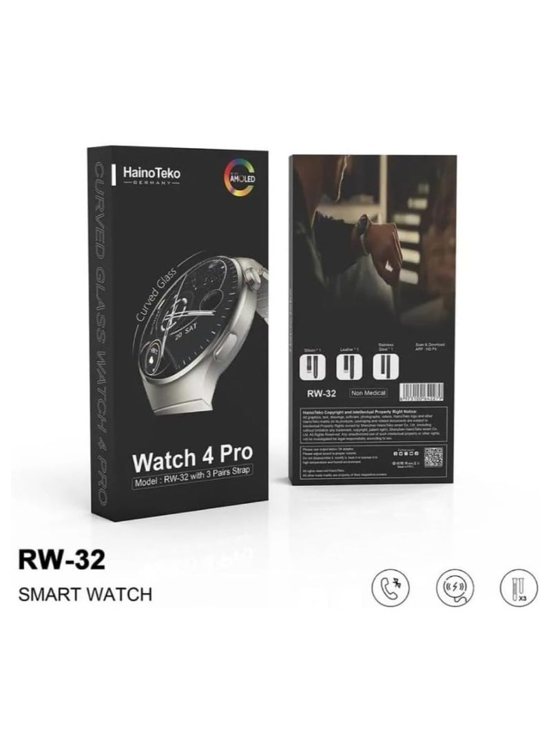 RW-32 Watch 4 Pro SpaceX CURVED Glass Smartwatch with 3 pair straps-Black