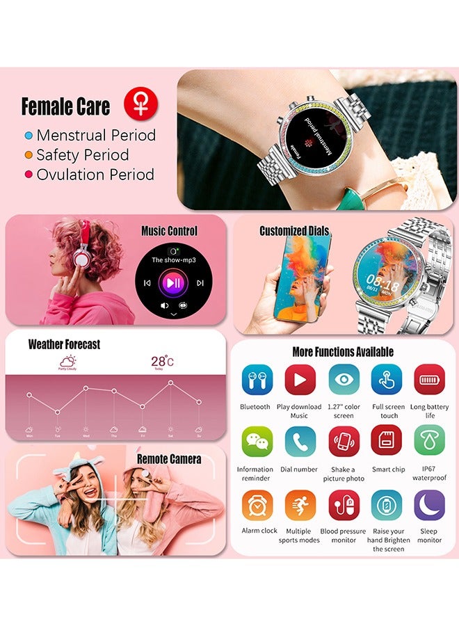 Women's Bluetooth Smartwatch Full Screen Touch Supports Multiple Sports Modes Heart Rate Monitoring And Language Modes Universal For Android And Ios Systems RT I110 All Silver