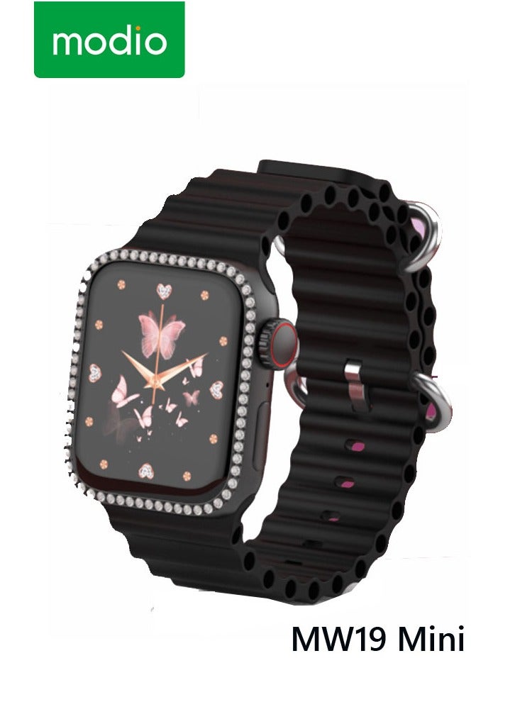 Modio MW19 Mini Smart Watch With 36mm Display 4 Pair Straps Necklace and Bracelate Designed For Womens Black