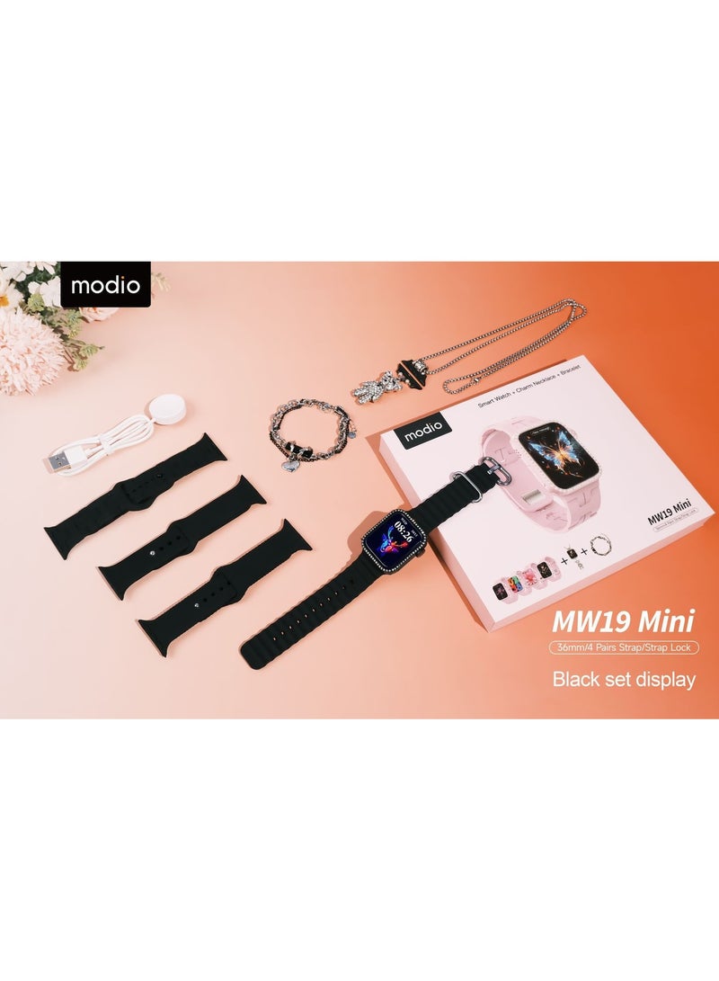 Modio MW19 Mini Smart Watch With 36mm Display 4 Pair Straps Necklace and Bracelate Designed For Womens Black