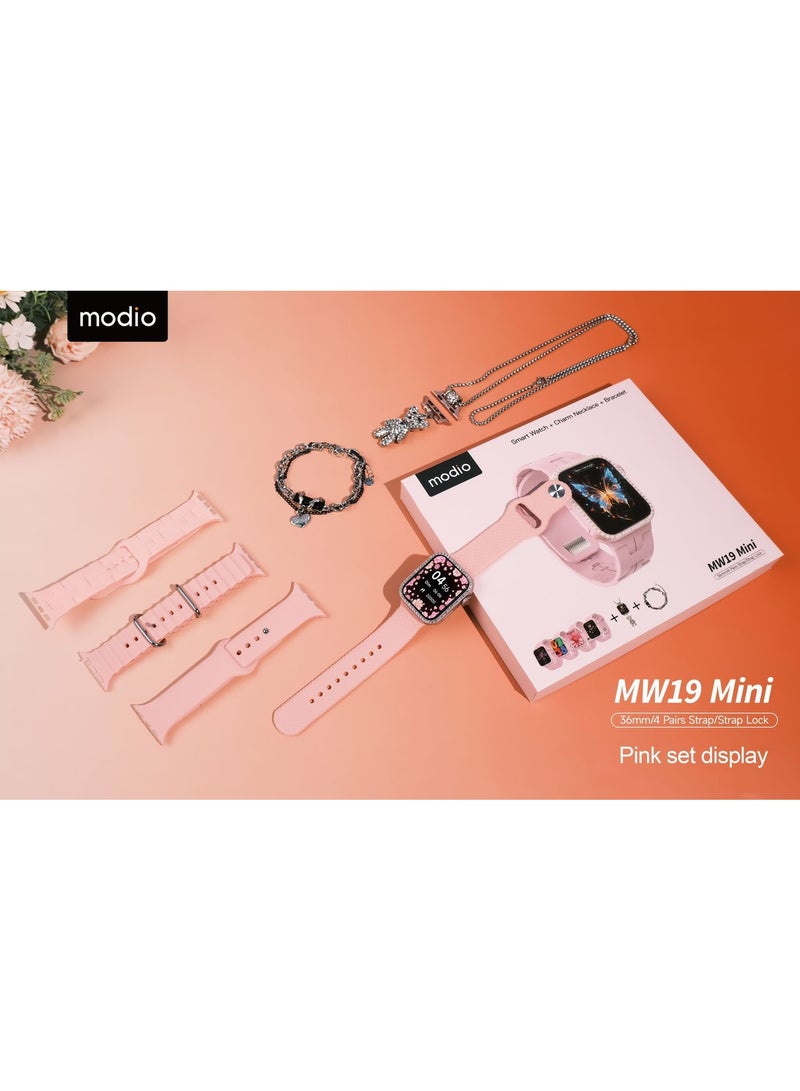 Modio MW19 Mini Smart Watch With 36mm Display 4 Pair Straps Necklace and Bracelate Designed For Womens Pink