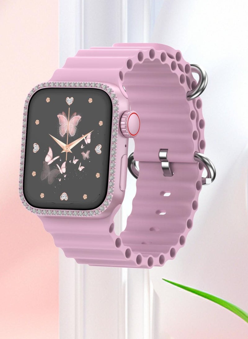 Modio MW19 Mini Smart Watch With 36mm Display 4 Pair Straps Necklace and Bracelate Designed For Womens Pink