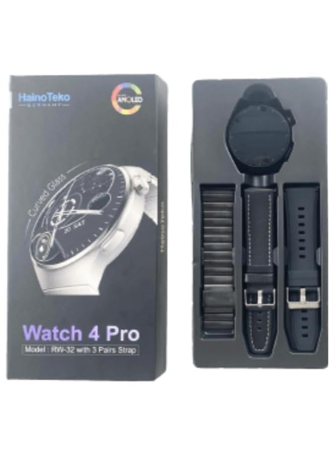 Haino Teko Germany Smart Watch 4 pro RW-32 with AMOLED Curved Glass Screen Real AMOLED Round Display Touch Screen with 3 pairs Strap Complete Fitness Tracker Watch