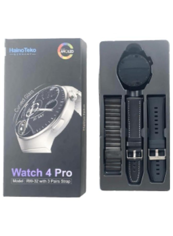 Haino Teko Germany RW 32 Watch 4 pro AOLED round smart watch HD Curved Display with Three Set Strap and Wireless charger For Mens and Boys