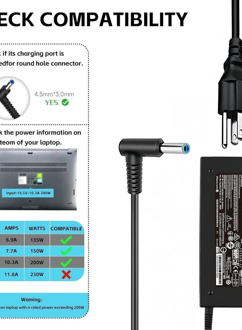 200W Charger HP OMEN Pavilion Gaming 15 17 Envy 15 OMEN 15 15t 17 17t TPN-DA10 19.5V 10.3A Laptop Adapter Connector Size:4.5x3.0 mm Blue tip