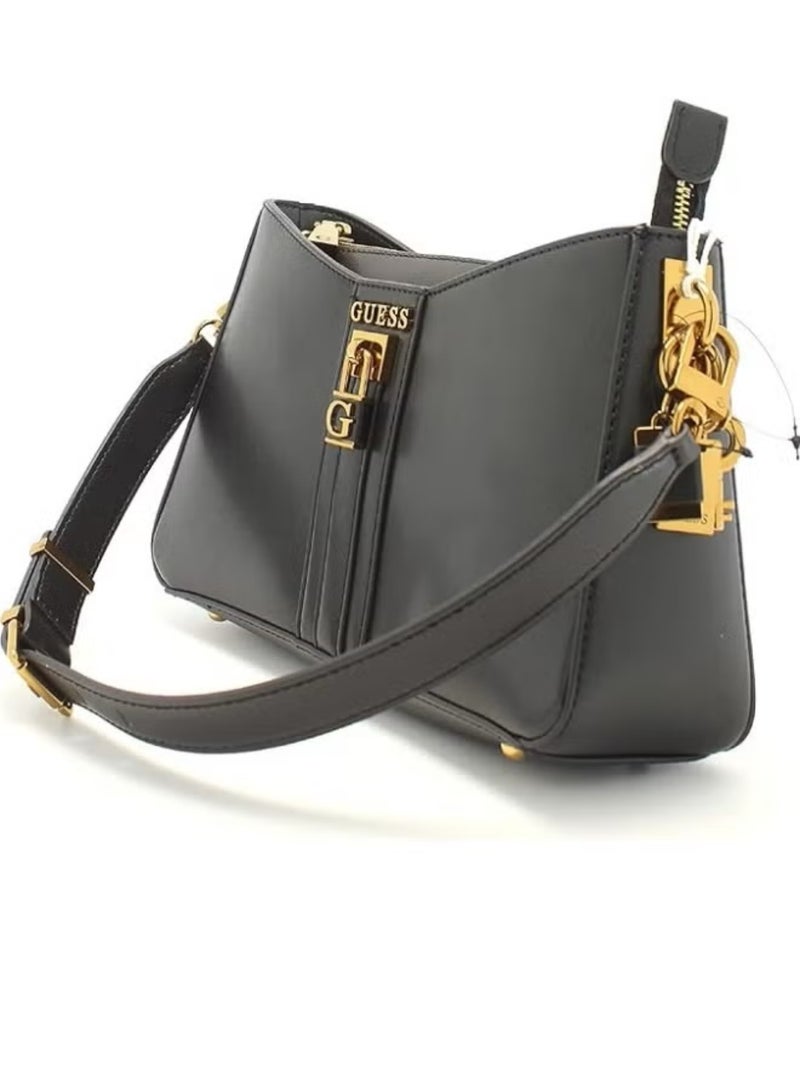 Black Women's Hardware Hanging Decoration Zipper Shoulder Bag Handbag 30cm * 18.5cm * 8cm