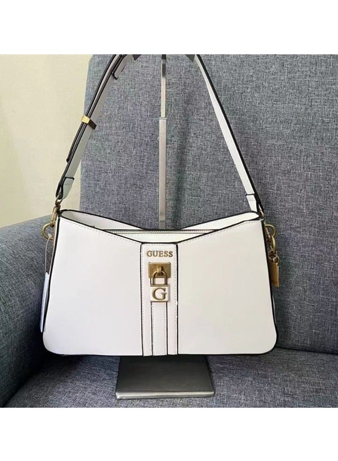 White Women's Hardware Hanging Decoration Zipper Shoulder Bag Handbag 30cm * 18.5cm * 8cm