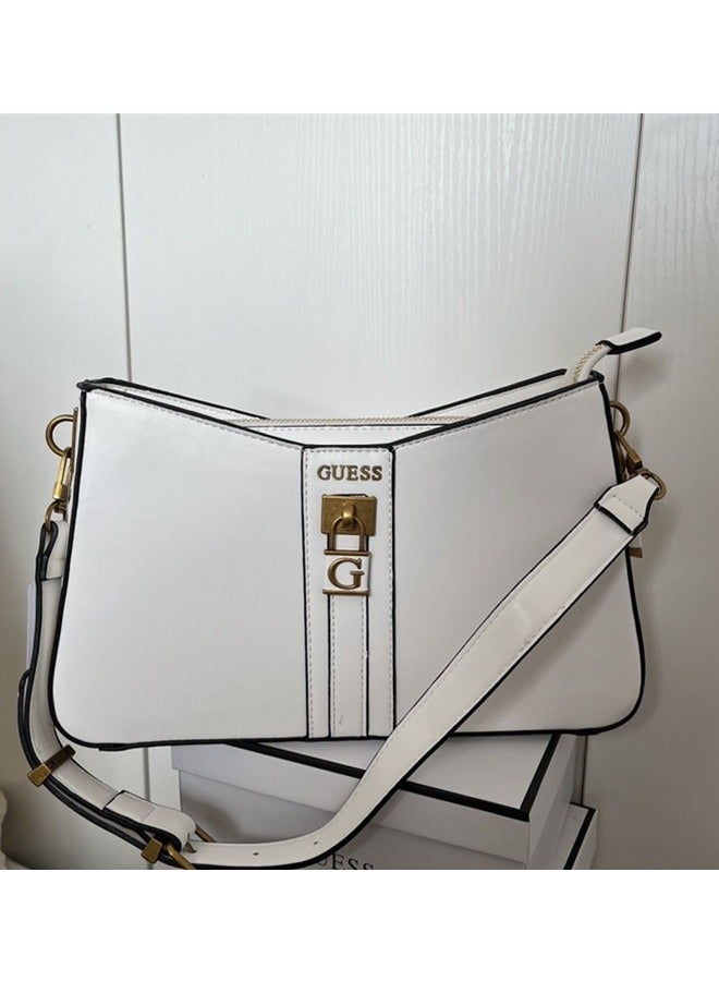 White Women's Hardware Hanging Decoration Zipper Shoulder Bag Handbag 30cm * 18.5cm * 8cm