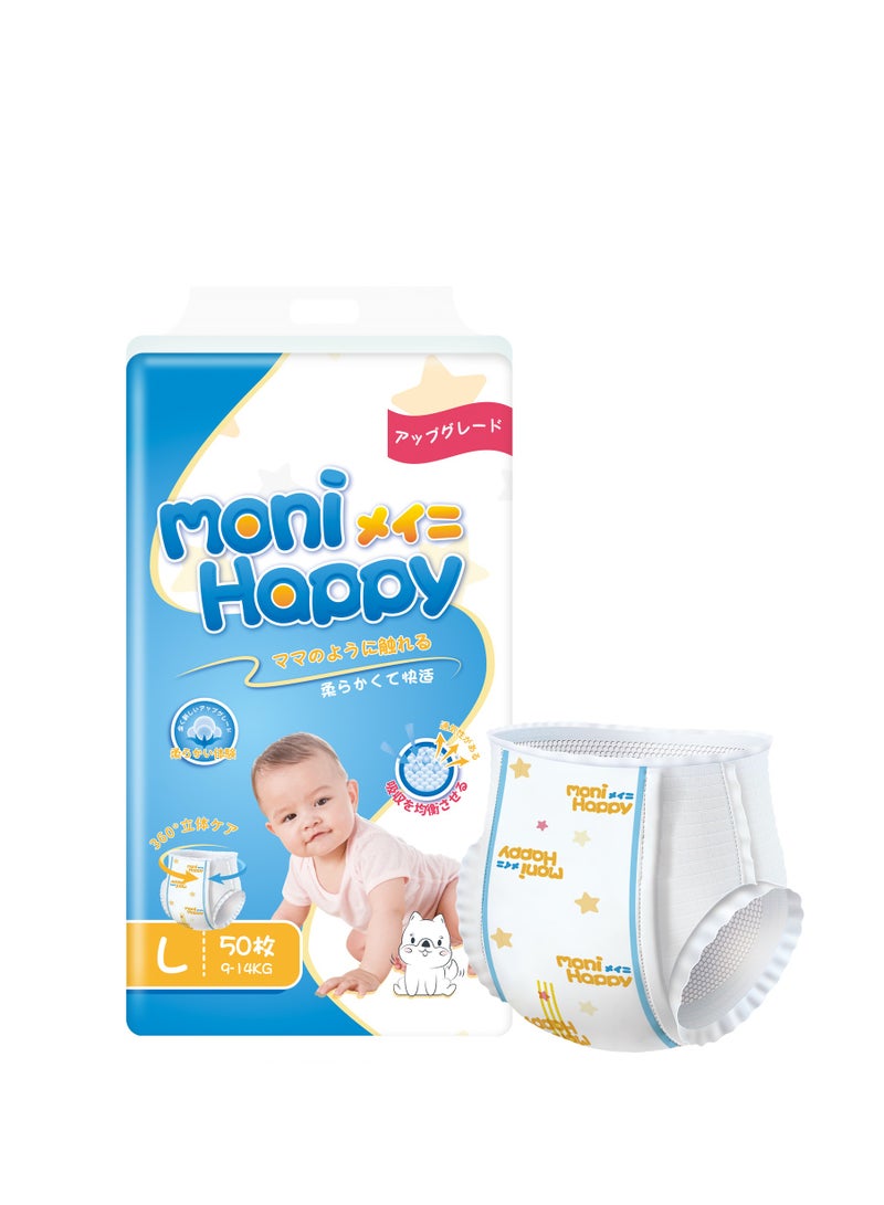 Moni Happy Baby Comfort Fit Pants Diapers | Diapers size 4, Large | jumbo pack Suitable for babies over 9-14 Kg and for 7-11 Months, 300 Diapers Up to 12 hours of Dryness PH Value <7, Better Fit value pack of 8