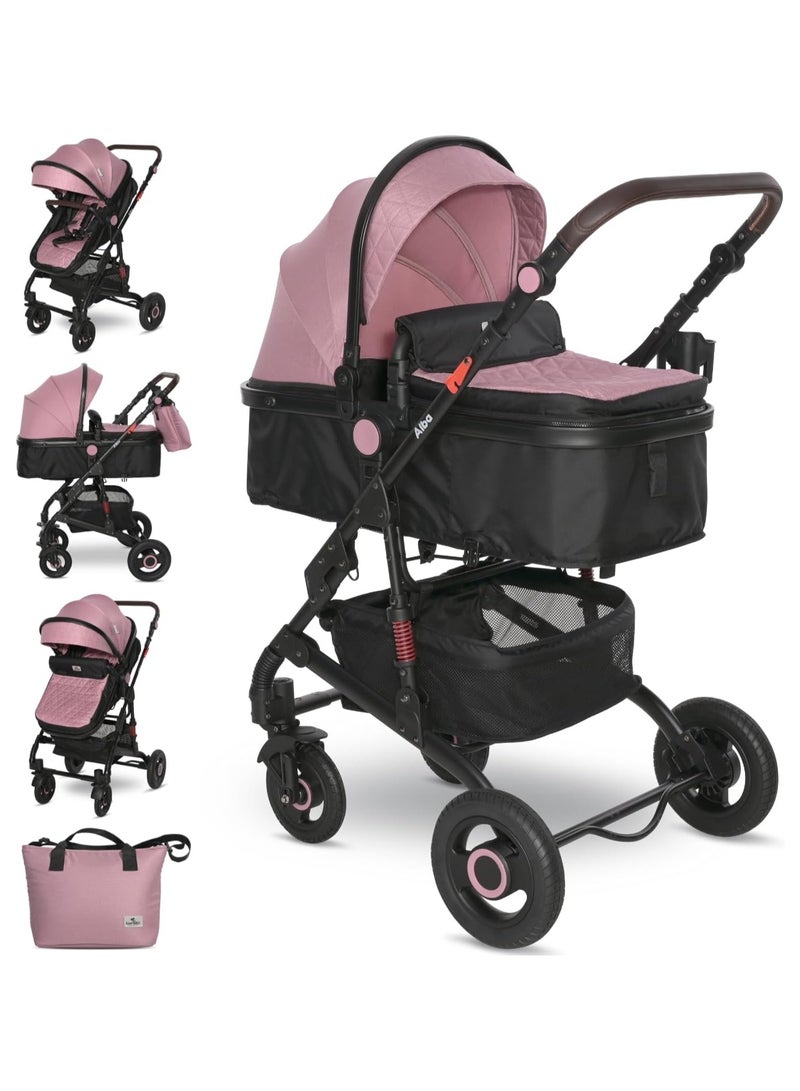 Lorelli Baby Stroller Alba Premium 2 in 1, Pushchair, Pram for Newborn, Buggy, Foldable Travel System from Birth, Transformable Seat, Reclining Backrest, Large Rubber Tires, Suspension, Pink