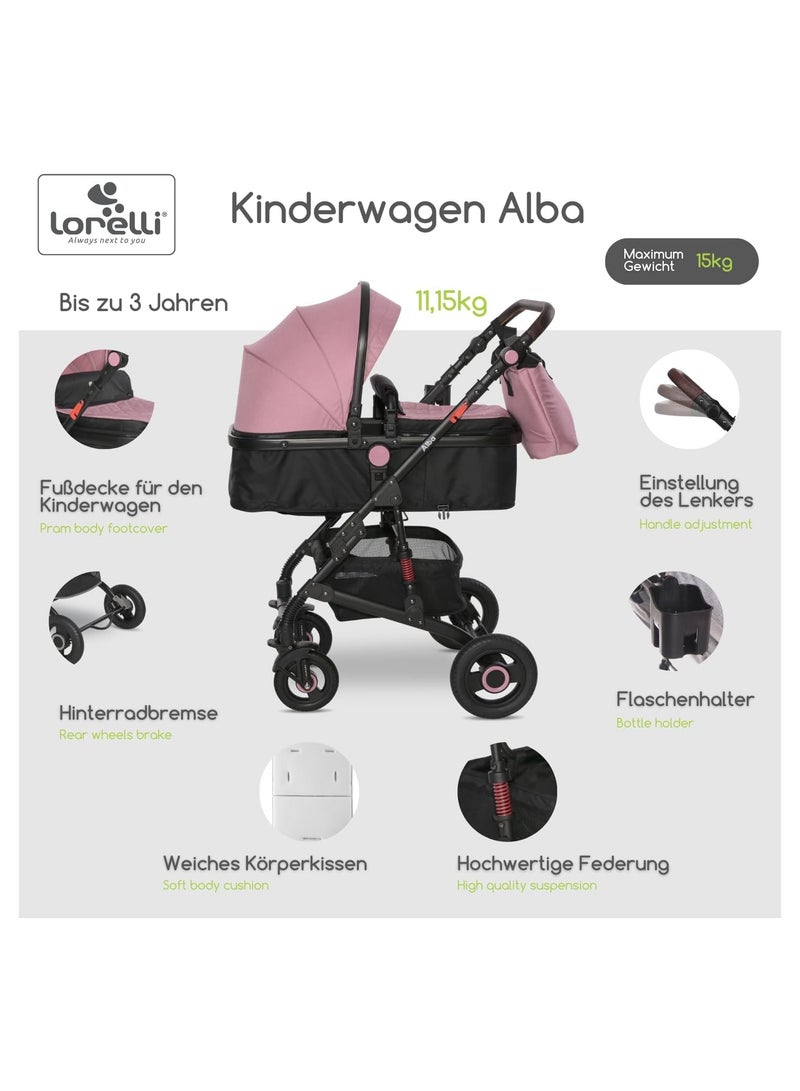 Lorelli Baby Stroller Alba Premium 2 in 1, Pushchair, Pram for Newborn, Buggy, Foldable Travel System from Birth, Transformable Seat, Reclining Backrest, Large Rubber Tires, Suspension, Pink