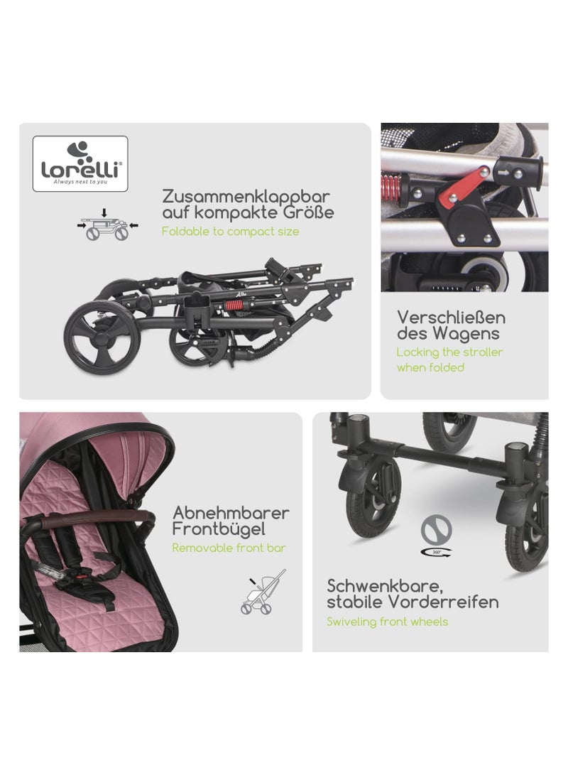 Lorelli Baby Stroller Alba Premium 2 in 1, Pushchair, Pram for Newborn, Buggy, Foldable Travel System from Birth, Transformable Seat, Reclining Backrest, Large Rubber Tires, Suspension, Pink