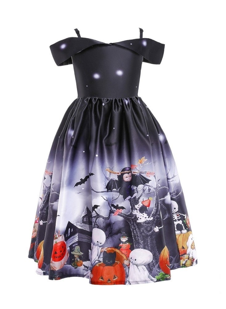 Halloween Printed Off-Shoulder Dress - Black