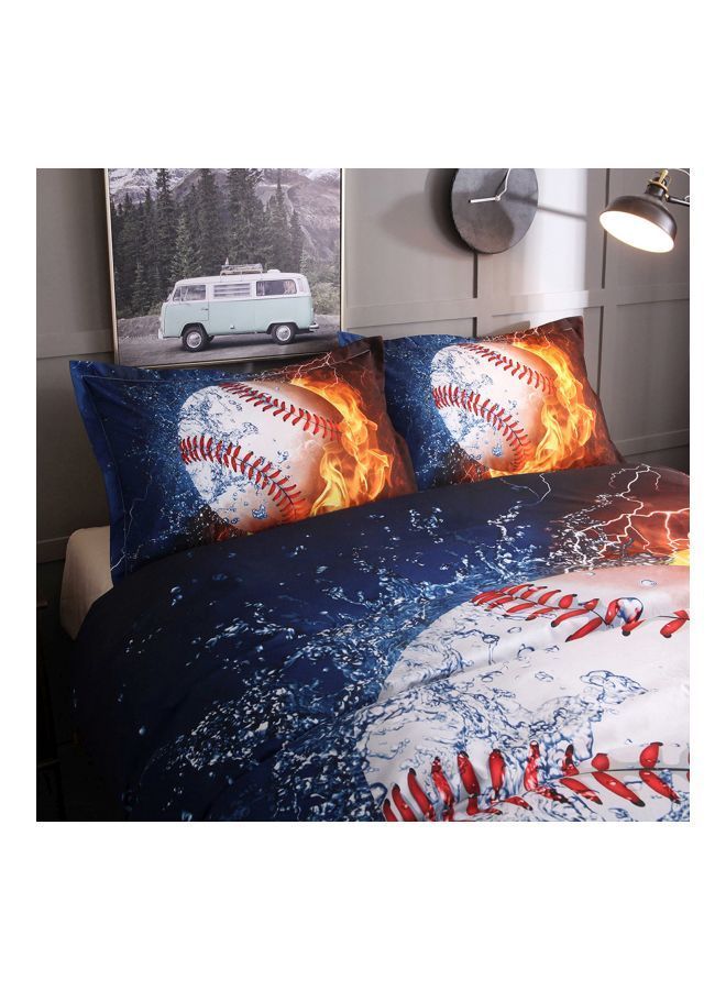 3-Piece Baseball Printed Bedding Set Polyester Blue/Yellow/White