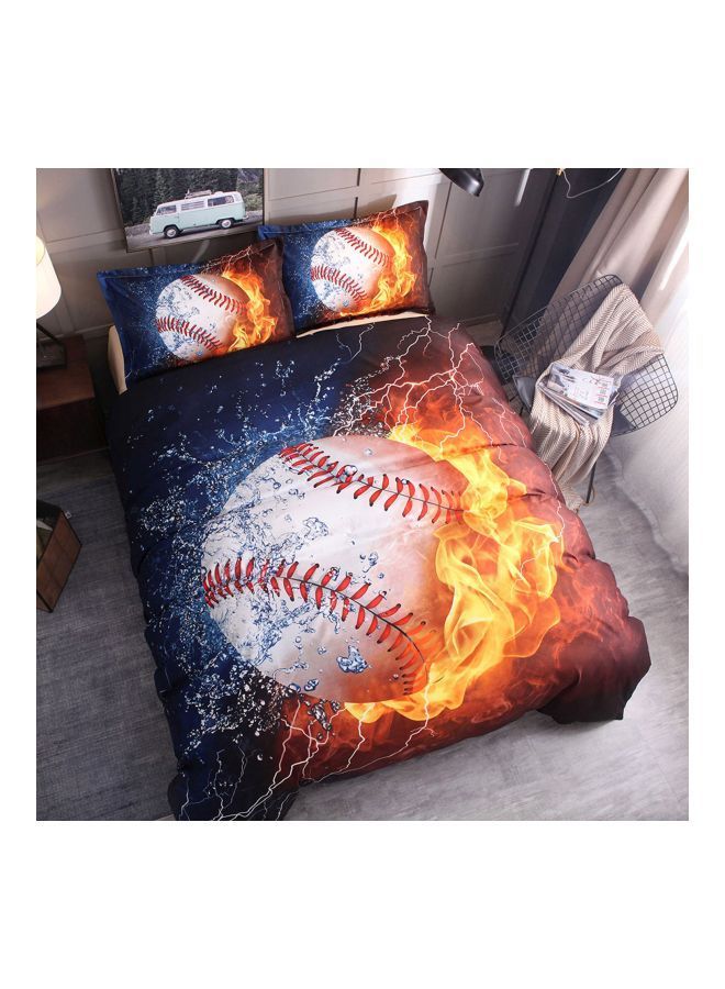 3-Piece Baseball Printed Bedding Set Polyester Blue/Yellow/White