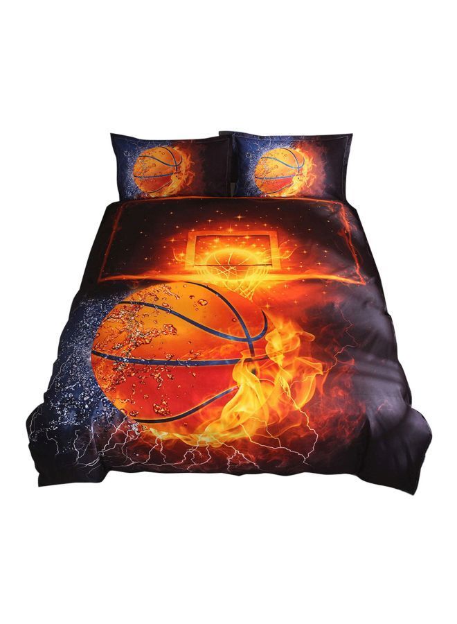 3-Piece Basketball Design Pillow Case And Bed Cover Set Polyester Blue/Orange/Red