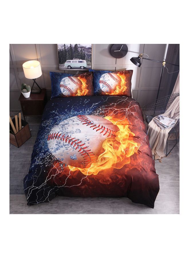 3-Piece Baseball Printed Bedding Set Polyester Blue/Yellow/White