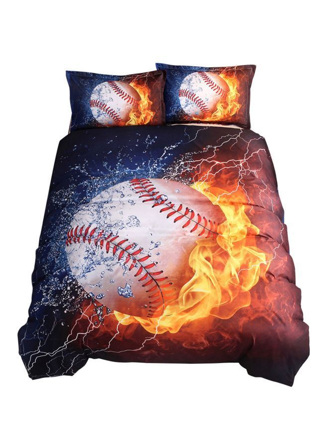 3-Piece Baseball Printed Bedding Set Polyester Blue/Yellow/White