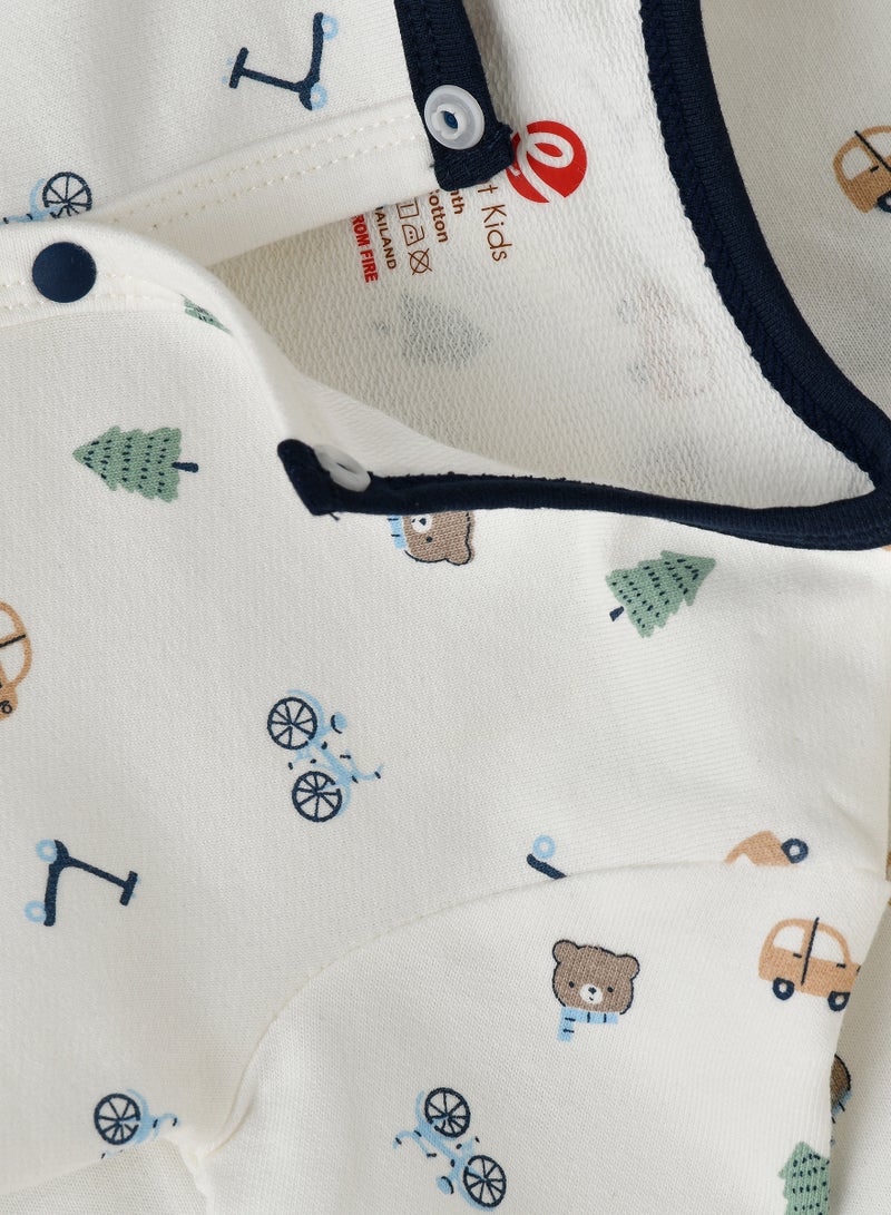 Baby Boy White and Navy Bear Printed Romper with Hat Set