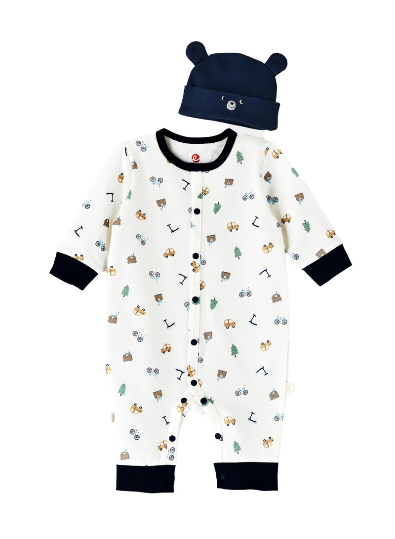 Baby Boy White and Navy Bear Printed Romper with Hat Set