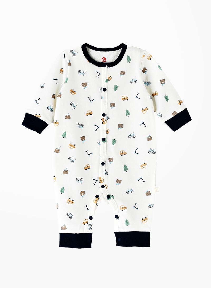 Baby Boy White and Navy Bear Printed Romper with Hat Set