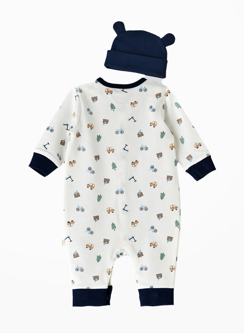 Baby Boy White and Navy Bear Printed Romper with Hat Set