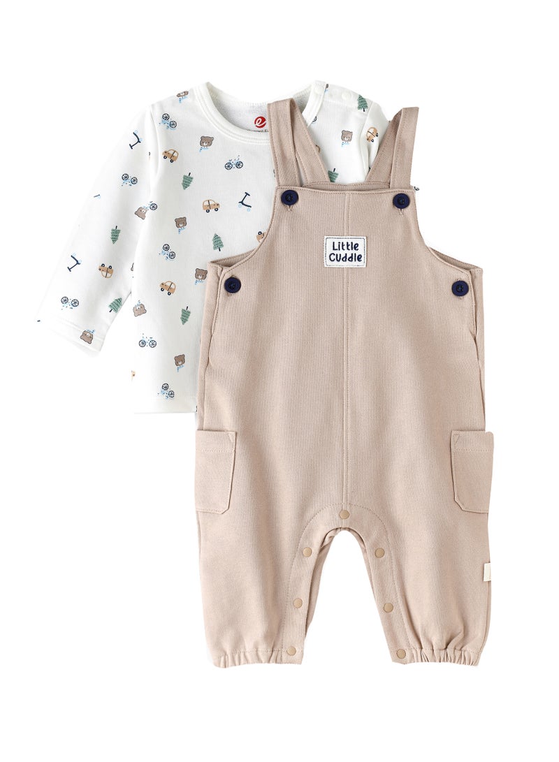 Baby Boy Beige 'Little Cuddle' Overalls and Printed Long-Sleeve Set