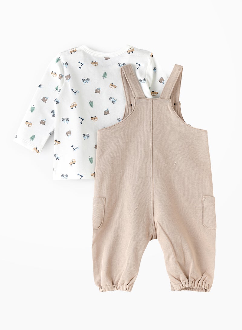 Baby Boy Beige 'Little Cuddle' Overalls and Printed Long-Sleeve Set