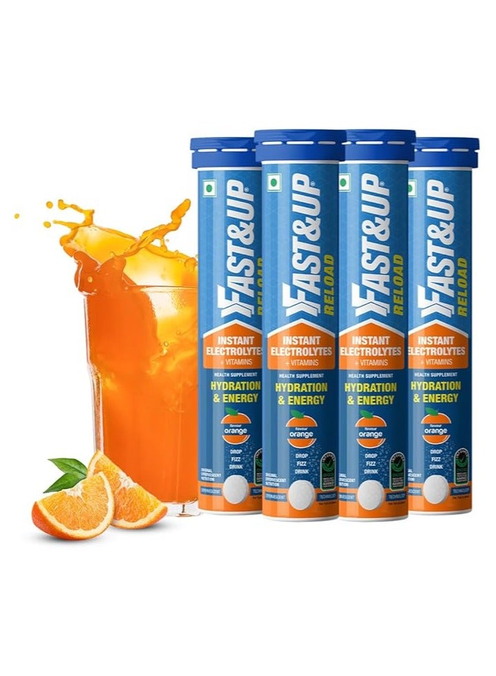 Fast&Up Reload (20 Litres) Low Sugar energy drink for Instant Hydration - 80 Effervescent Tablets with all 5 Essential Electrolytes + Added Vitamins - Certified Electrolytes Drink - Orange flavour