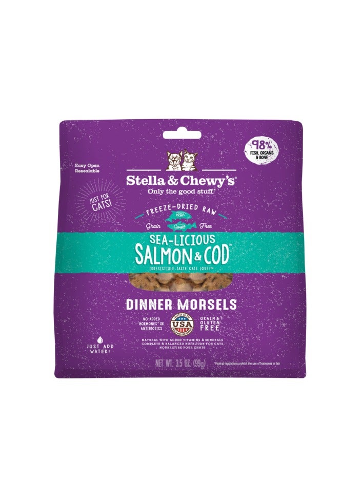 Stella & Chewys Cat FD Sea-Licious Salmon & Cod-3.5, Stella & Chewy cat food, best natural cat food; natural cat food, Stella & Chewy's freeze-dried cat food, Stella & Chewy's cat morsels, Freeze-dried raw cat morsels, premium cat food, best food for my catOz