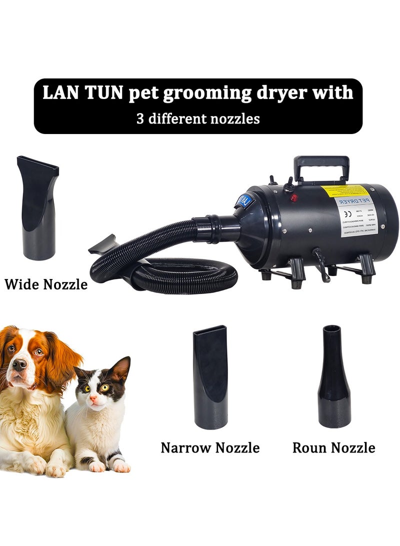 Dog hair dryer cat grooming dryer AC 240V with adjustable power and heat speed, Pet fur hair blower heater blaster with different Nozzles, Blowing Machine and Handle (Black)